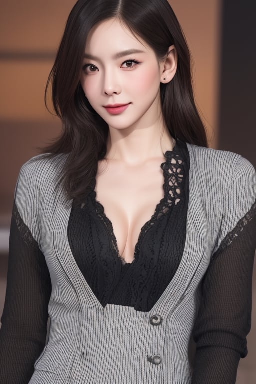 uniforms,thick_eyebrows,cleavage cutout,realistic,photorealistic,4k,high res,detailed,high detail,intricate,masterpiece,taeyeonlorashy,detail face, eye to eye,model pose, office look,smile,full body,small boobs,nature