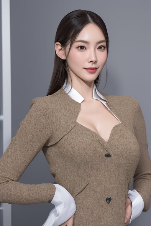 uniforms,thick_eyebrows,cleavage cutout,realistic,photorealistic,4k,high res,detailed,high detail,intricate,masterpiece,taeyeonlorashy,detail face, eye to eye,model pose, office look,smile,full body,small boobs,nature