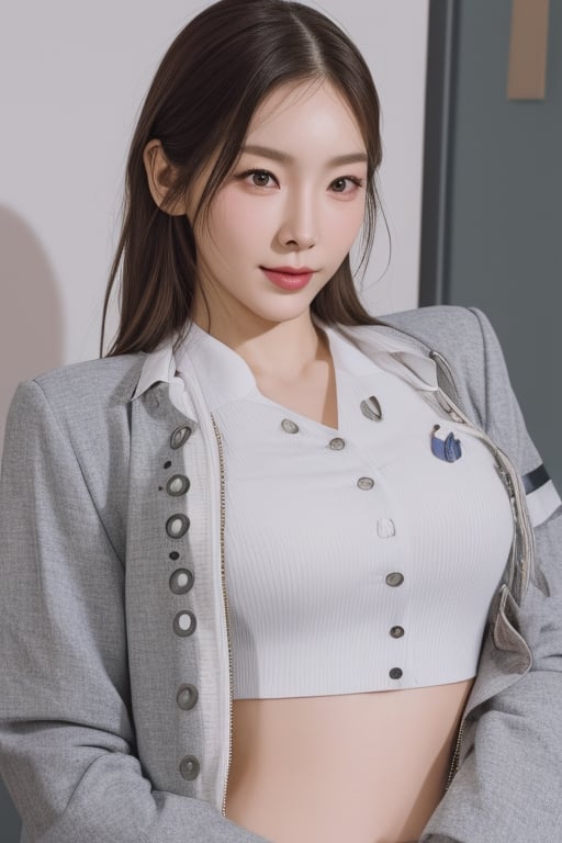 uniforms,thick_eyebrows,cleavage cutout,realistic,photorealistic,4k,high res,detailed,high detail,intricate,masterpiece,taeyeonlorashy,detail face, eye to eye,model pose, office look,smile,full body,small boobs,nature