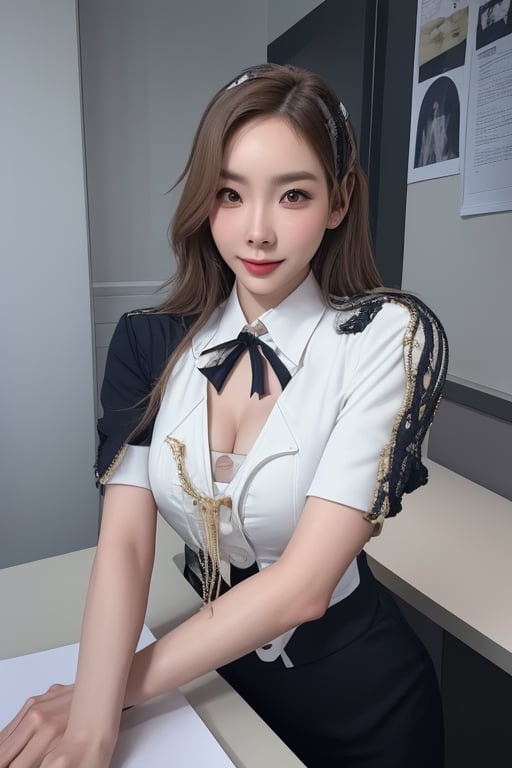 uniforms,thick_eyebrows,cleavage cutout,realistic,photorealistic,4k,high res,detailed,high detail,intricate,masterpiece,taeyeonlorashy,detail face, water, eye to eye,model pose, office look,smile,full body