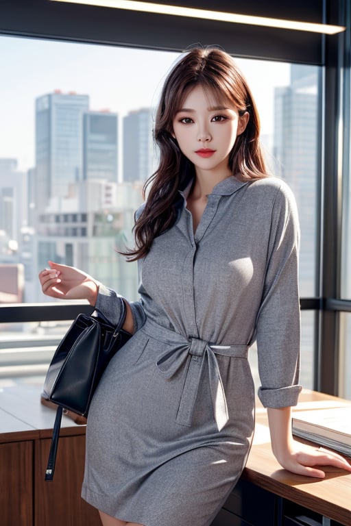 (Best quality, 8k, 32k, masterpiece, UHD:1.2), pretty korea woman photo, 1woman, Highest quality, highest quality, today's work look, daily look, everyday clothes, background is urban background, morning city, clean city, Korea, Korean lady, Korean beauty, Korean office worker