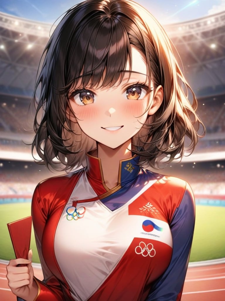 black hair, medium hair, face, 1 girl, look at viewer, smile, upper body, best quality, perfect anatomy, perfect hands, sexy lib, v-sigh, red lib, sexy face, olympic, high resoulution, korea uniform, korean girl, stadium background