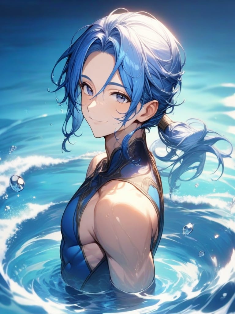 blue hair, medium ponytail hair, face, 1 man, look at viewer, smile, water, upper body, best quality, perfect anatomy,