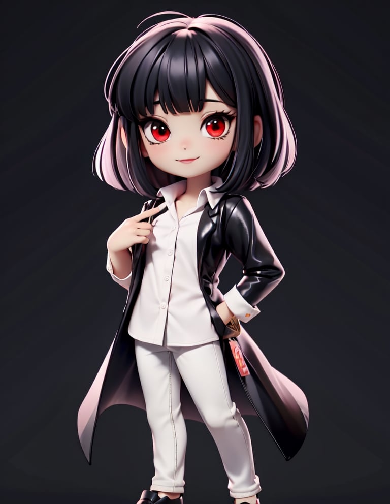  solo, chibi, full body, looking at viewer,  black hair,simple background,chibi,masterpiece, best quality, 1girl, red eyes, black hair, bangs, white shirt,  rack,black jeans,Not a naked sword in  hand,black coat