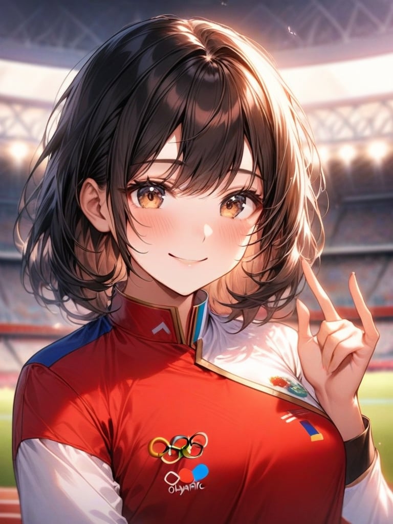 black hair, medium hair, face, 1 girl, look at viewer, smile, upper body, best quality, perfect anatomy, perfect hands, sexy lib, v-sigh, red lib, sexy face, olympic, high resoulution, korea uniform, korean girl, stadium background