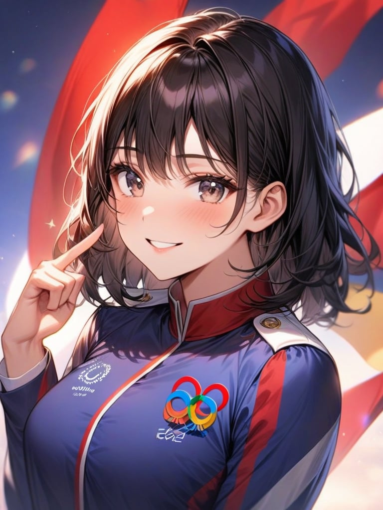 black hair, medium hair, face, 1 girl, look at viewer, smile, upper body, best quality, perfect anatomy, perfect hands, sexy lib, v-sigh, red lib, sexy face, olympic, high resoulution, uniform, korean girl