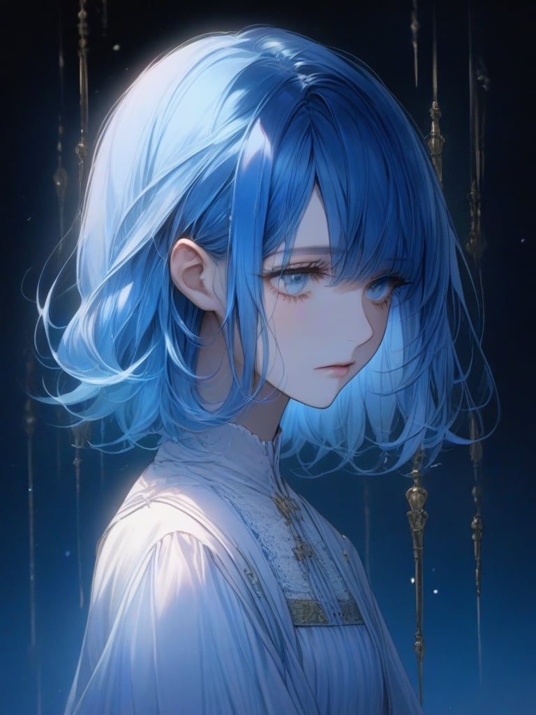 blue hair, medium hair, face, bishoujo