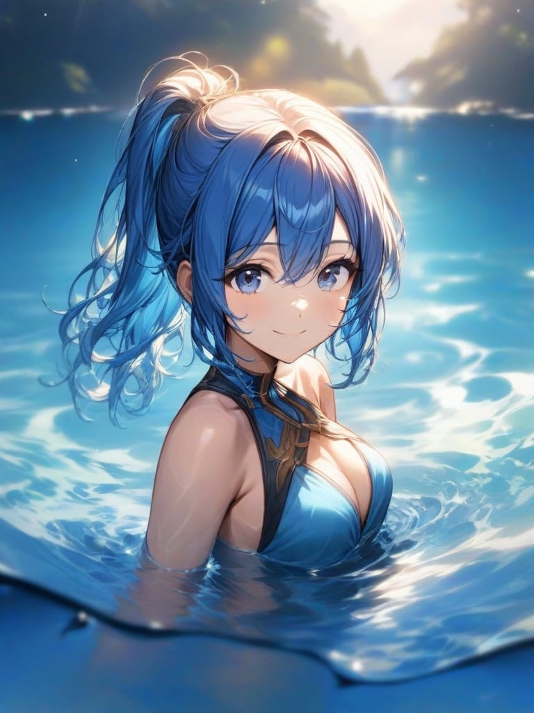 blue hair, medium ponytail hair, face, 1 girl, look at viewer, smile, water, upper body, best quality, perfect anatomy,