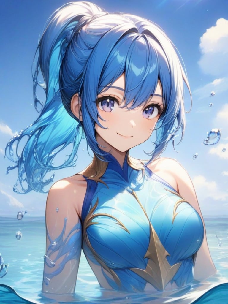 blue hair, medium ponytail hair, face, 1 girl, look at viewer, smile, water, upper body, best quality, perfect anatomy,