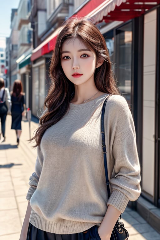 (Best quality, 8k, 32k, masterpiece, UHD:1.2), pretty korea woman photo, 1woman, Highest quality, highest quality, today's work look, daily look, everyday clothes, background is urban background, morning city, clean city, Korea, Korean lady, Korean beauty, Korean office worker