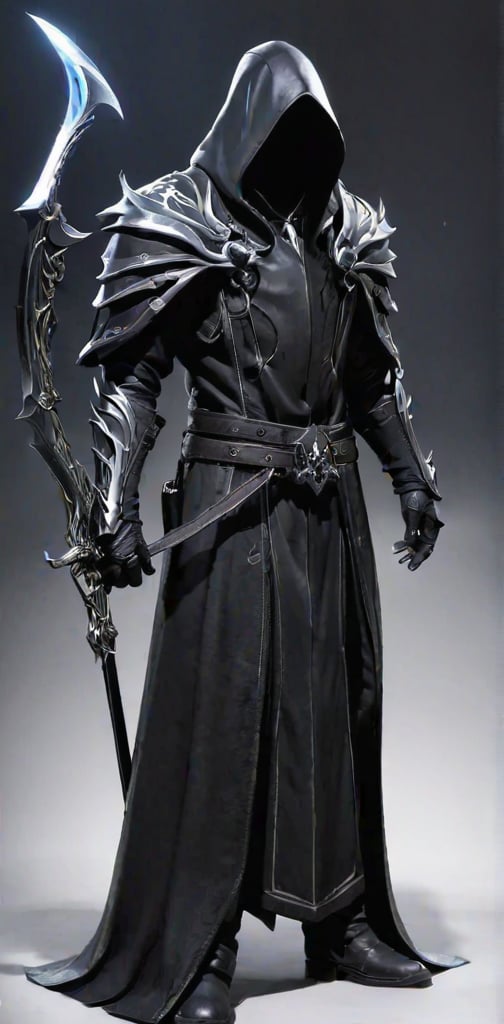 best quality, masterpiece, high res, black rider, {{malthael}},{{weapon is twin sickle}}, {{black leather robe}}, faceless male, dark fantasy style