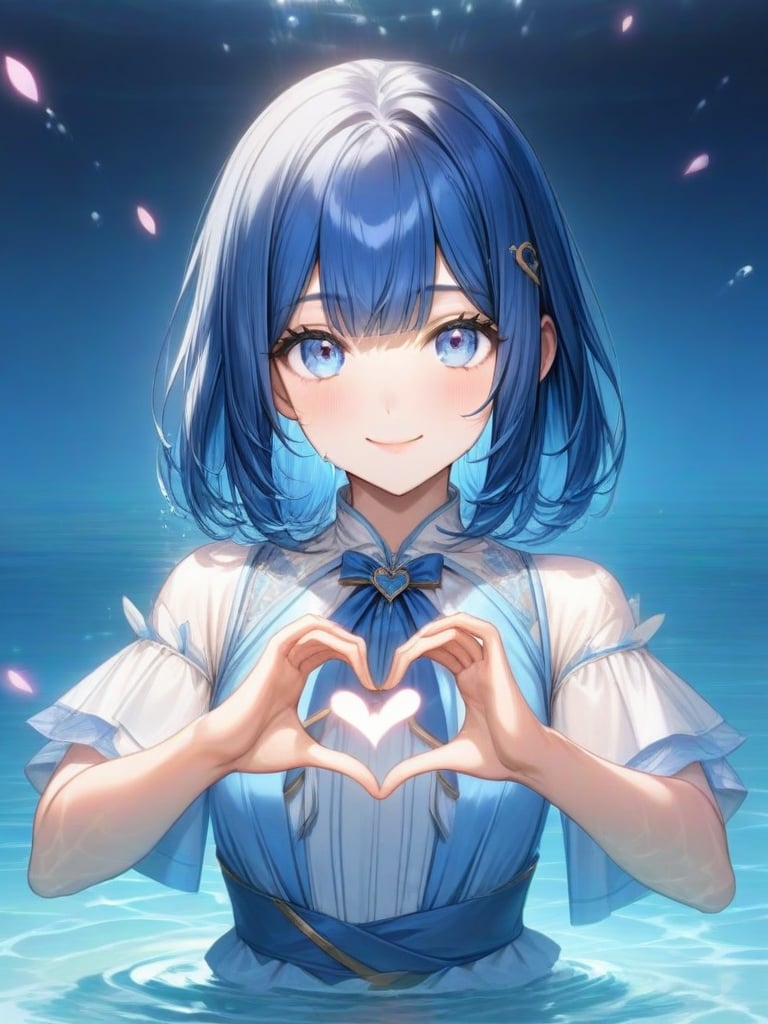 blue hair, medium hair, face, bishoujo, look at viewer, smile, water, upper body, best quality, heart hands