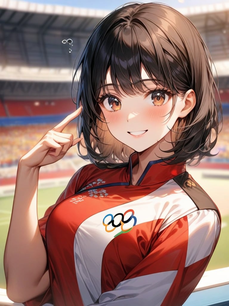 black hair, medium hair, face, 1 girl, look at viewer, smile, upper body, best quality, perfect anatomy, perfect hands, sexy lib, v-sigh, red lib, sexy face, olympic, high resoulution, korea uniform, korean girl, stadium background