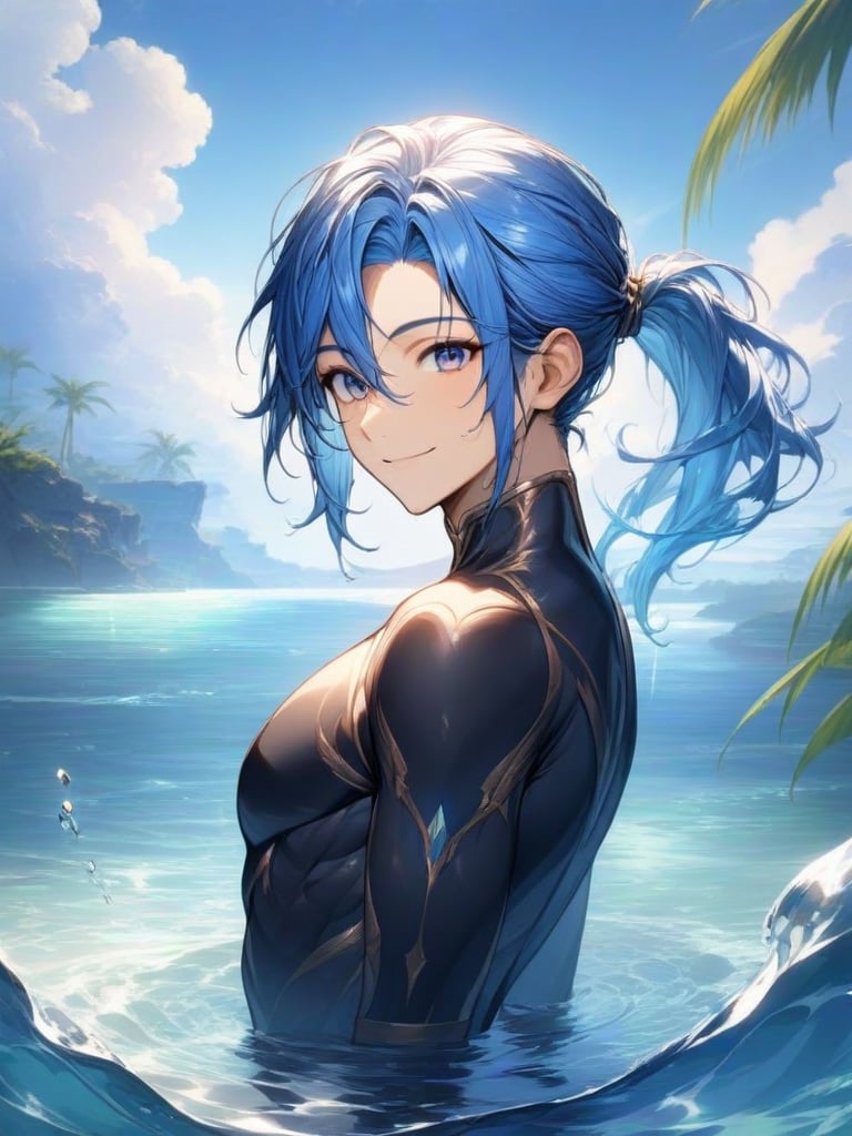 blue hair, medium ponytail hair, face, 1 man, look at viewer, smile, water, upper body, best quality, perfect anatomy,