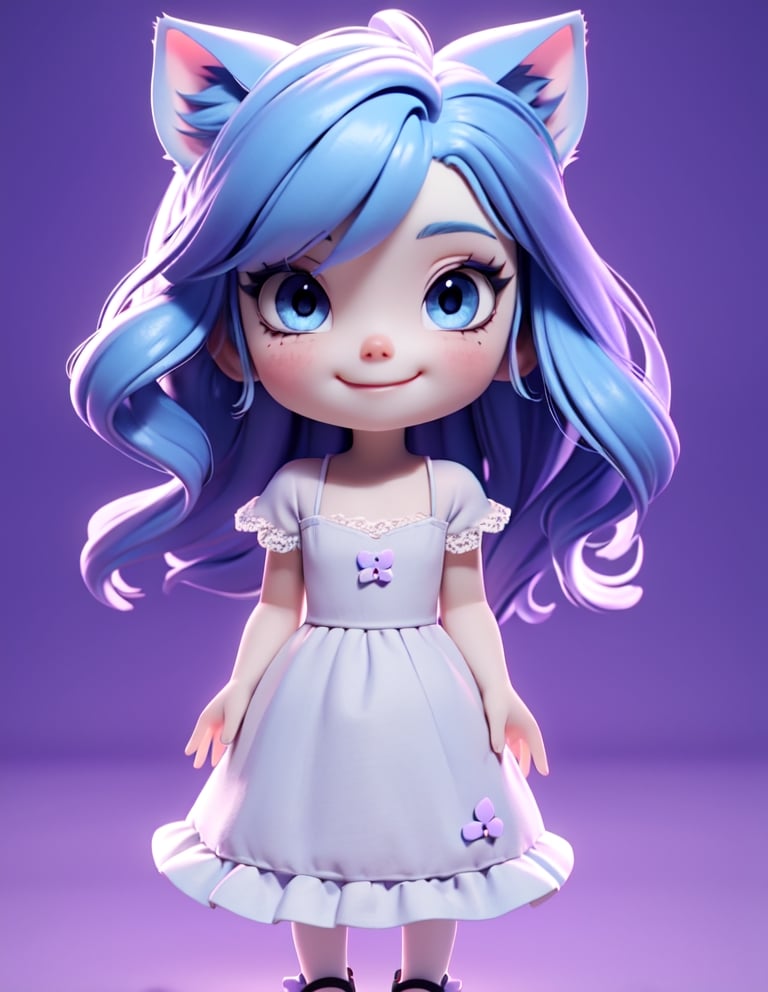 3D, render, chibi, 

1girl, solo, full body, looking at viewer, smiley face, blue eyes, cat ears, long hair, light blue hair, white dress, violet background