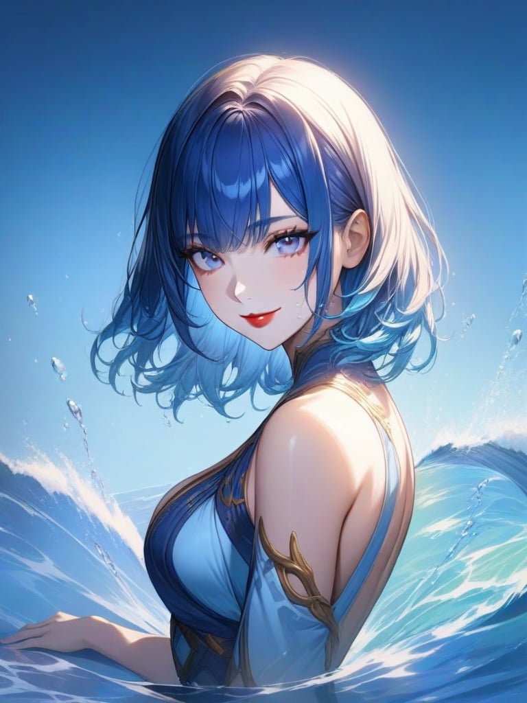 blue hair, medium hair, face, bishoujo, look at viewer, smile, water, upper body, best quality, perfect anatomy, sexy girl, red lip