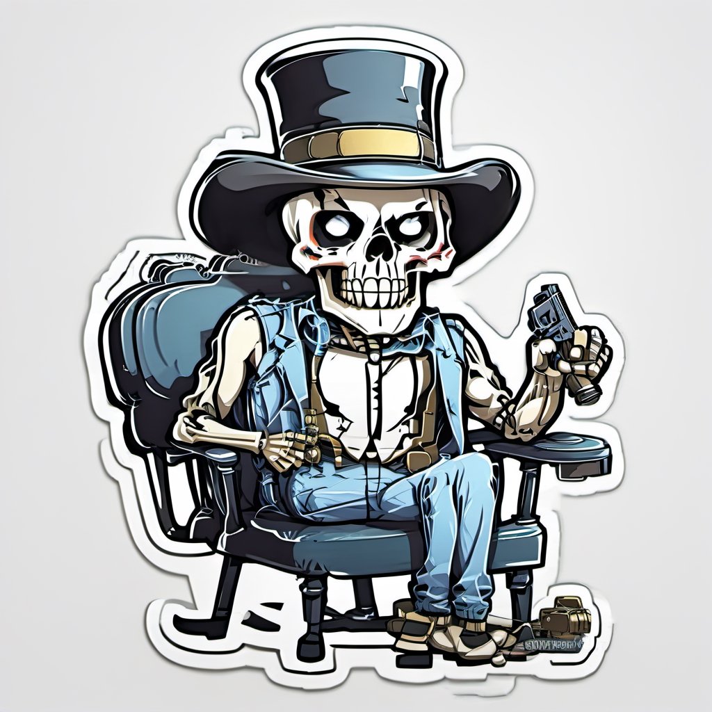  sticker, cartoon skull wearing a top hat, in hand sigrte and sit in a chair
 white background, a gangster with a gun-style