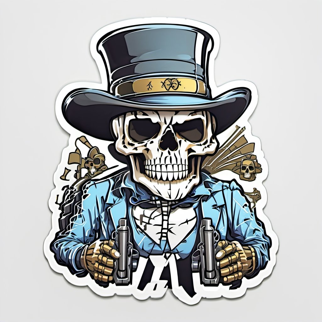  sticker, cartoon skull wearing a top hat, in hand sigrte,
 white background, a gangster with a gun-style