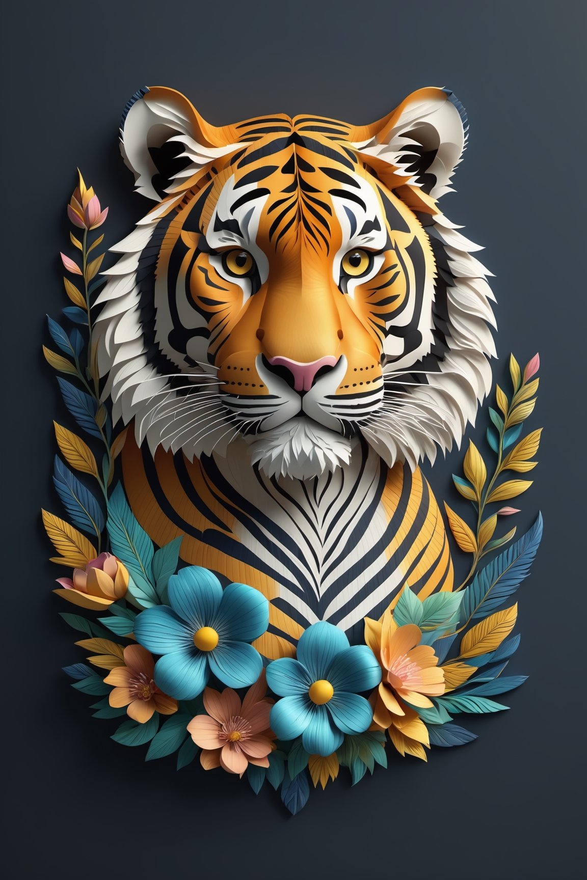 (full body) intricate coloring, vector graphic logo design of a  tiger, 3-6-9 pattern, art and mathematics fusion, high resolution, kawaii, cute, Elegant, subtle gradient, sophisticated, muted color scheme, hyper-detailed, trending at artstation, sharp focus, studio photography, highly detailed, centred, bright colour, solid dark background, made with adobe illustrator, movie still, Leonardo Style, 3d style,3d style, photo r3al around the beautiful flower.