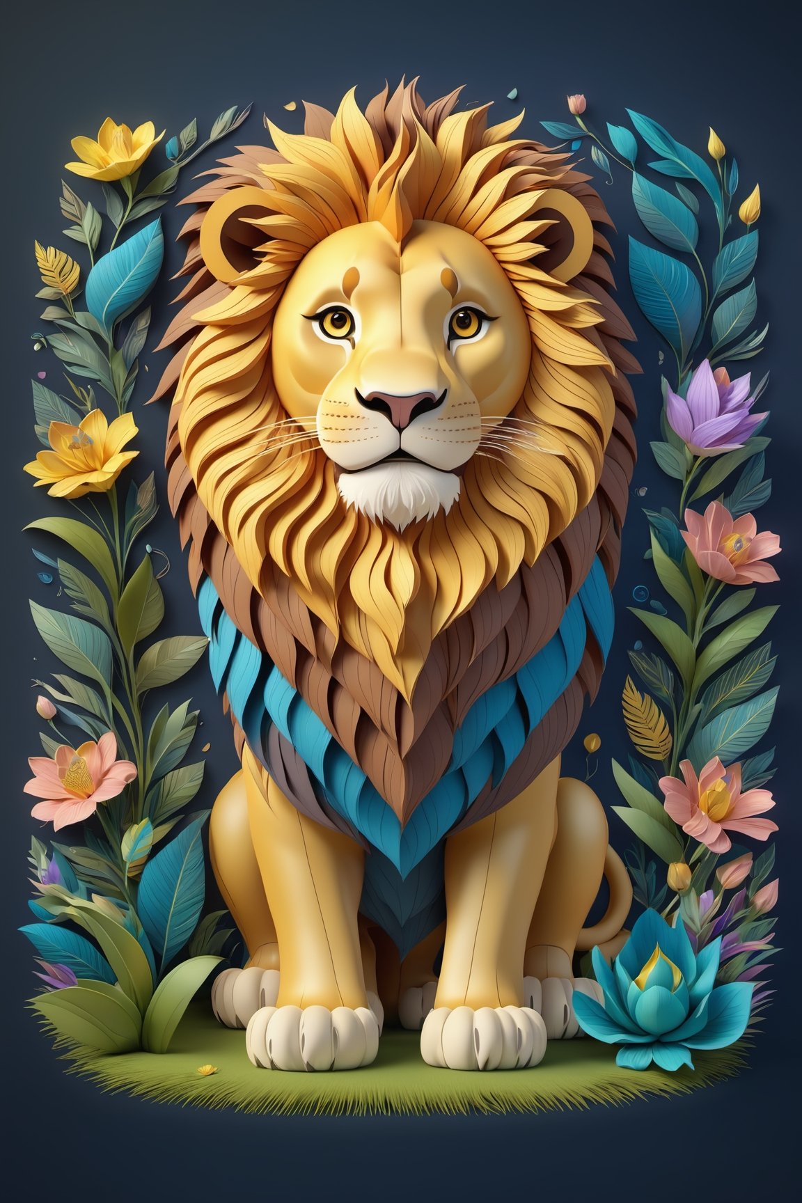 (full body) intricate coloring, vector graphic design of a  Lion with dinosaur, 3-6-9 pattern, art and mathematics fusion, high resolution, kawaii, cute, Elegant, subtle gradient, sophisticated, muted colour scheme, hyper-detailed, trending at artstation, sharp focus, studio photography, highly detailed, centred, bright colour, solid dark background, made with adobe illustrator, movie still, Leonardo Style, 3d style,3d style, photo r3al around the beautiful flower.