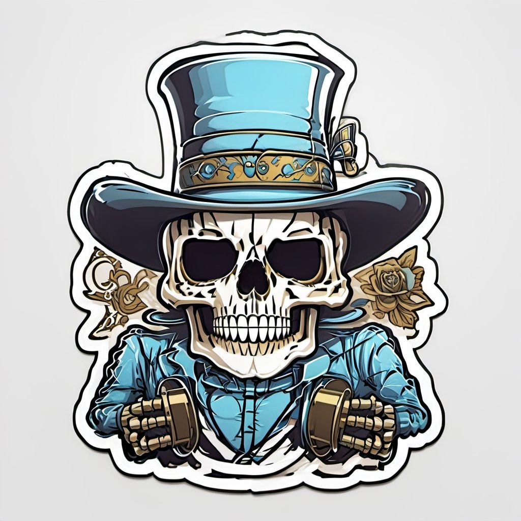  sticker, cartoon skull wearing a top hat, white background, gangstor Style