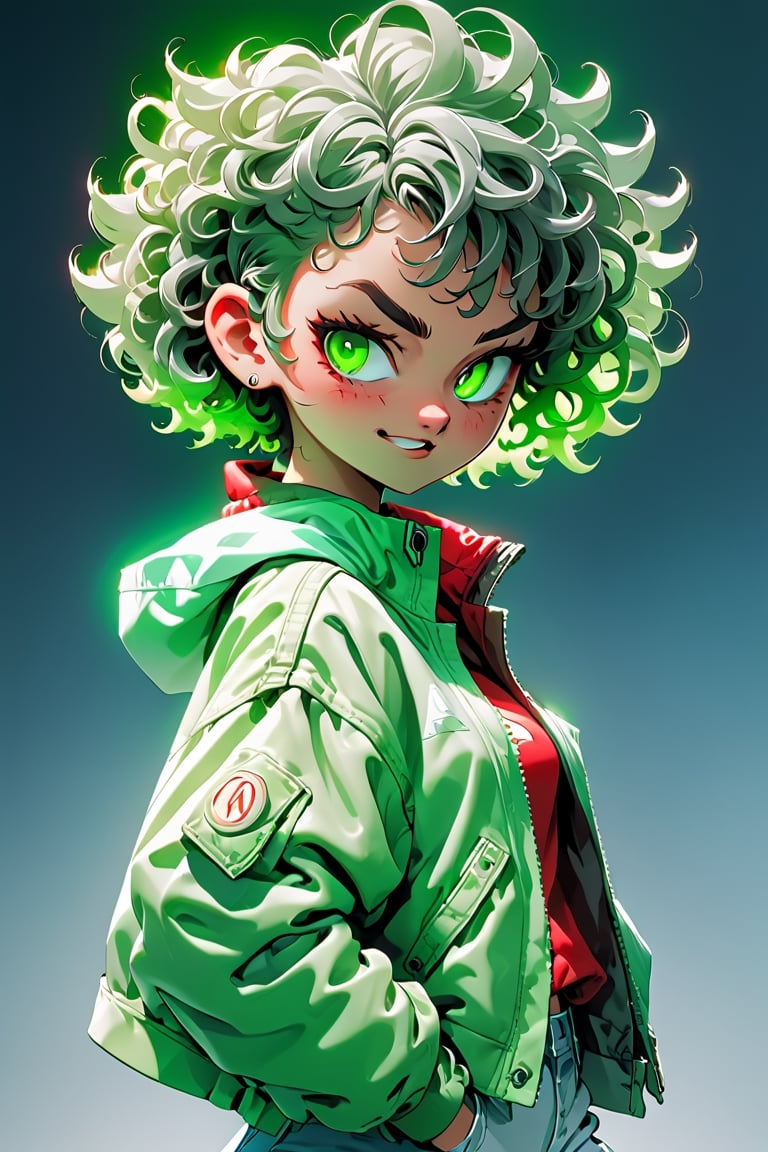 ligh focal
curly hair
girl hair white With degraded finished in green- 
Jacket grey and red- 
backfronter Light  and A blue Light  and smiling 
Seeing in an aggressive way Frue eyebrows and with short hair 
miguel ohara
 stylize the character more But keep the details
get 2 different poses
angry
