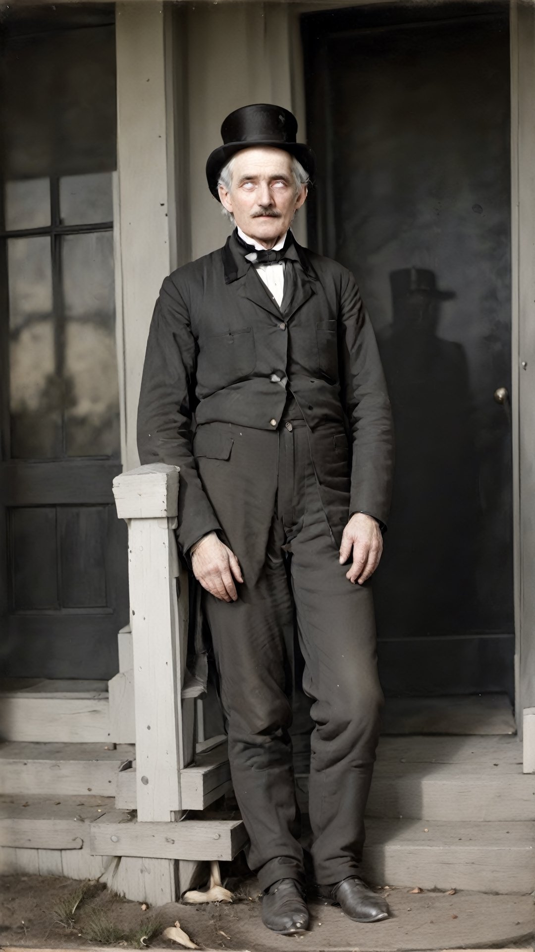 post-mortem photograph, 1man, solo, full_body, shallow depth of field, sharp focus, pale skin like of a dead body, standing ,  dark shadows, horror theme, a frail old man, mustache, (top hat):1.24, white hair, intricate victorian era men's clothing, (historical accuracy):1.25, background is in front of a Victorian house, (photorealistic, old photos' effect):1.27, whiteeyes,photo r3al,tintime