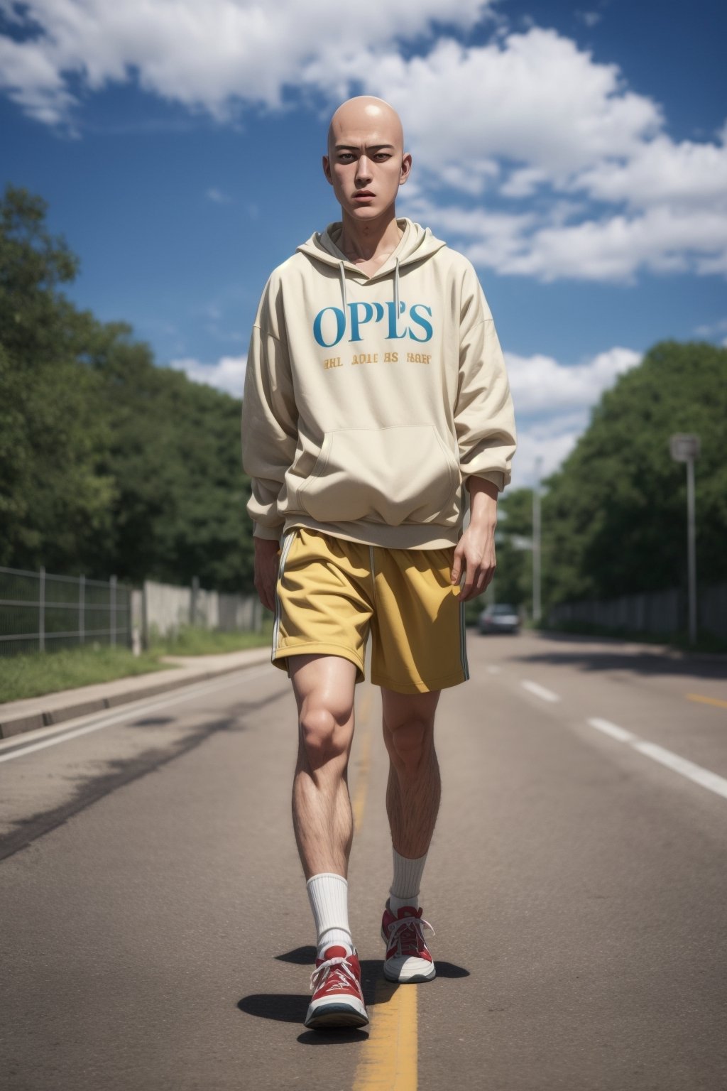 saitama, (photorealistic:1.25), one punch, 1boy, 25-year-old japanese man, ((bald)), (full body:1.52), highly detailed, from below:1.38, (oversize hoodie printed text "OPPAI", shorts, white socks, sneakers), dynamic pose,  muscular:1.45, masculine:1.13, outdoor,SAITAMA,Detailedface, correct_anatomy, cinematic, dramatic