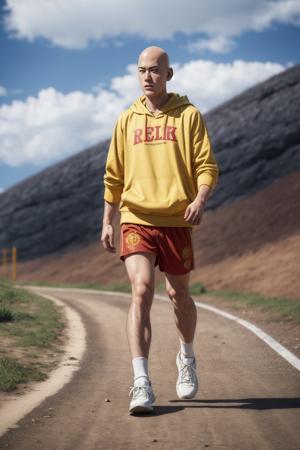 saitama, (photorealistic:1.25), one punch, 1boy, 25-year-old japanese man, ((bald)), (full body:1.52), highly detailed, from below:1.38, (oversize yellow hoodie printed text "OPPAI", red spandex shorts, white socks, sneakers), dynamic pose,  muscular:1.45, masculine:1.13, outdoor,SAITAMA,Detailedface, correct_anatomy, cinematic lighting, dramatic, side view
