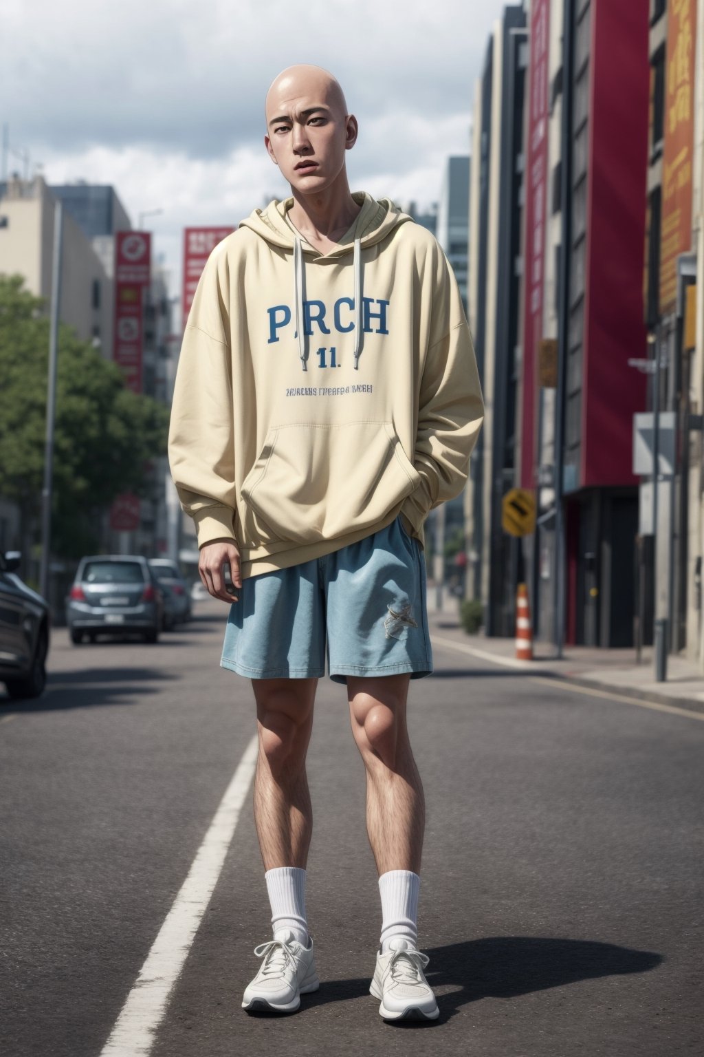 saitama, (photorealistic:1.25), one punch, 1boy, 25-year-old japanese man, ((bald)), (full body:1.52), highly detailed, from below:1.38, (oversize hoodie, shorts, white socks, sneakers), dynamic pose,  muscular:1.45, masculine:1.13, outdoor,SAITAMA,Detailedface, correct_anatomy, cinematic, dramatic