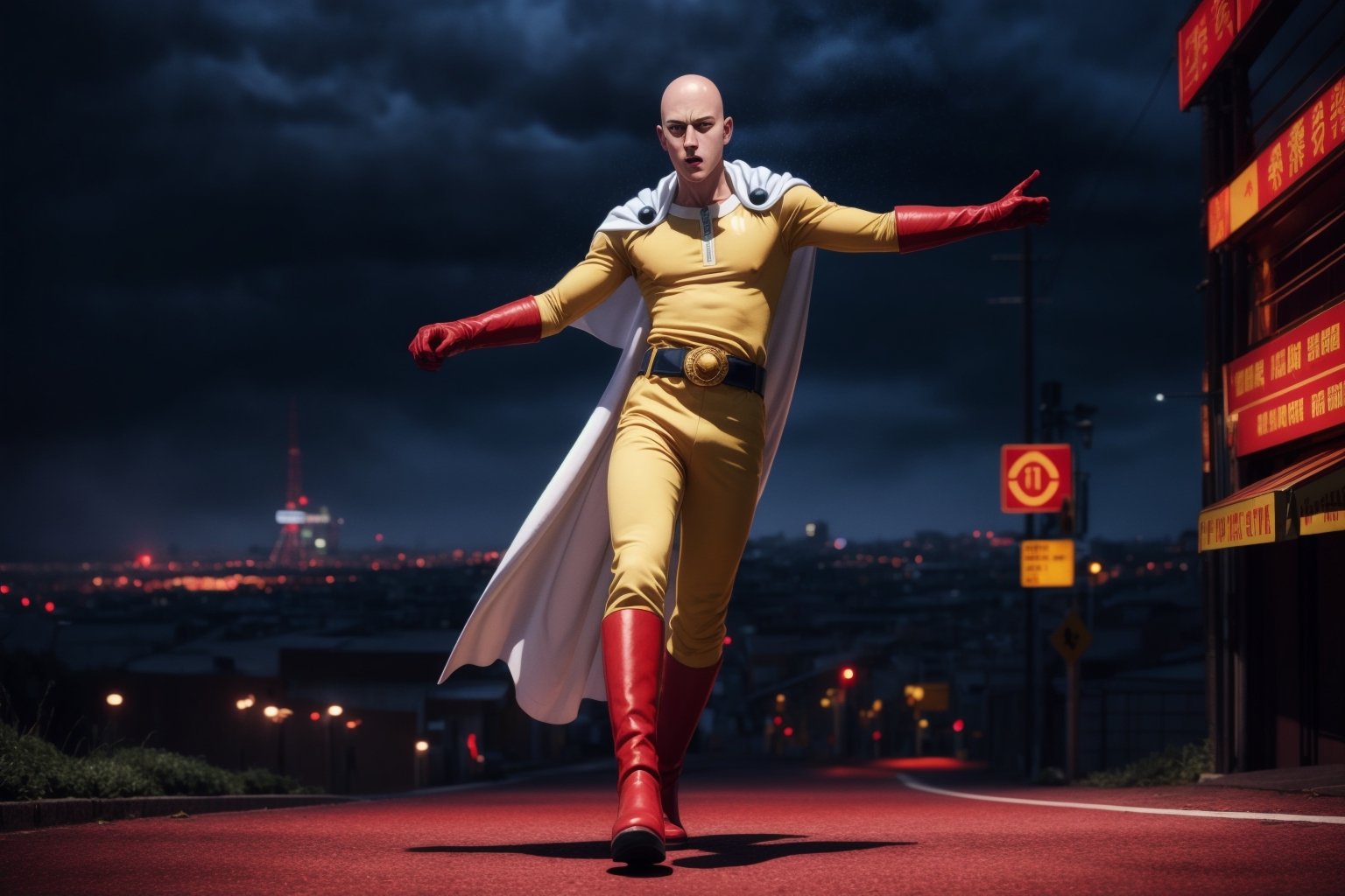 saitama, (photorealistic:1.25), one punch, 1boy, 25-year-old japanese man, ((bald)), (full body:1.52), highly detailed, from below:1.38, (white cape, red boots, red gloves), ((la la land dancing pose)),  muscular:1.45, masculine:1.13, outdoor,SAITAMA,Detailedface, correct_anatomy, cinematic lighting, dramatic, tilted view:1.23, correct belt, motiontrail:1.17