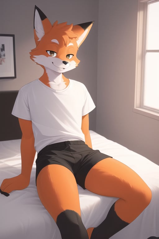 (best quality, highest quality, highres, 8k, anthropomorphic, furry, uploaded_on_e621:1.4), 1boy, fox, otoko no ko, orange fur, thick thighs, tall, inside, bedroom, white t shirt, black shorts, black thigh highs, sitting on bed, looking at viewer, smiling,