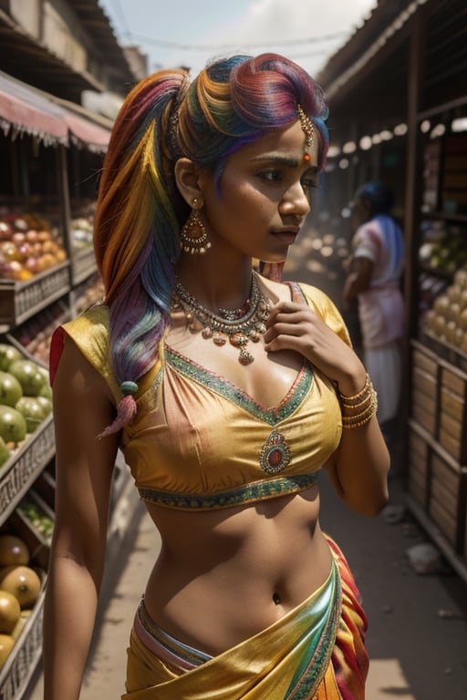 (masterpiece, best quality, ultra-detailed, 8K), (picture-perfect face), (perfect female body), (multicolored hair, rainbow hair), saree, blouse, ancient indian fruit market,High detailed.