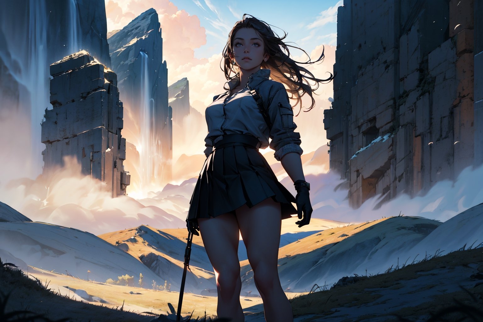 (best quality, 4k, 8k, highres, masterpiece:1.2), ultra-detailed, hyper-realistic, a girl standing before a breathtaking view of a landside village, beautiful landscape, mountains, awestruck views, dark hair, long hair, large breast, short skirt, photo realistic, dynamic lighting, artstation, poster, volumetric lighting, very detailed faces, 4k, 1girl, deep shadow, low key, insane details, perfecteyes, insane details, high details ,insane details ,DonMF41ryW1ng5,high details,High detailed ,Color magic,realhands,