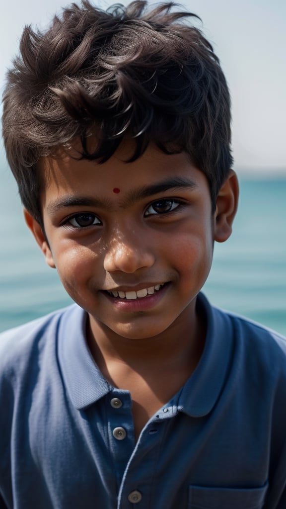 The most handsome face in the world, charming eyes, sweet smile, looks into your eyes, cinematic photo, day light, on the background of the azure coast of the ocean,1 boy from india.
