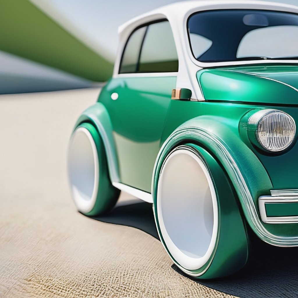 1car, micro designed car,  all verdigris green colored car, white ring tires, minimalistic, 3d style, adorable round design car, 