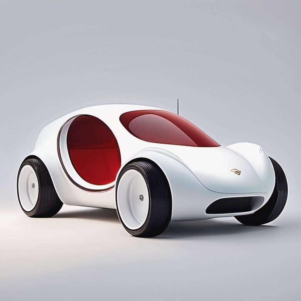 1car, micro designed car,  all white colored car, white ring tires, minimalistic, 3d style, adorable round design car, 