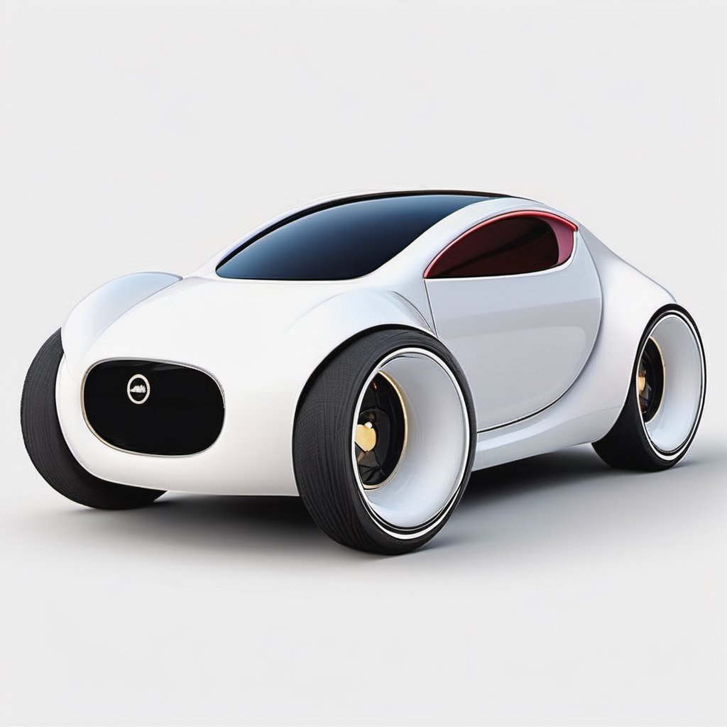 1car, micro designed car,  all white colored car, white ring tires, minimalistic, 3d style, adorable round design car, 