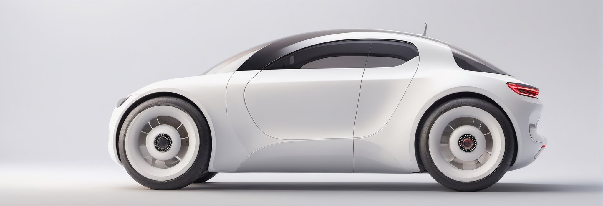 just 1 car, apple car concept, small size car, micro designed car, all pure white colored car, white ring tires, minimalistic, 3d style, adorable round design car, light grey background