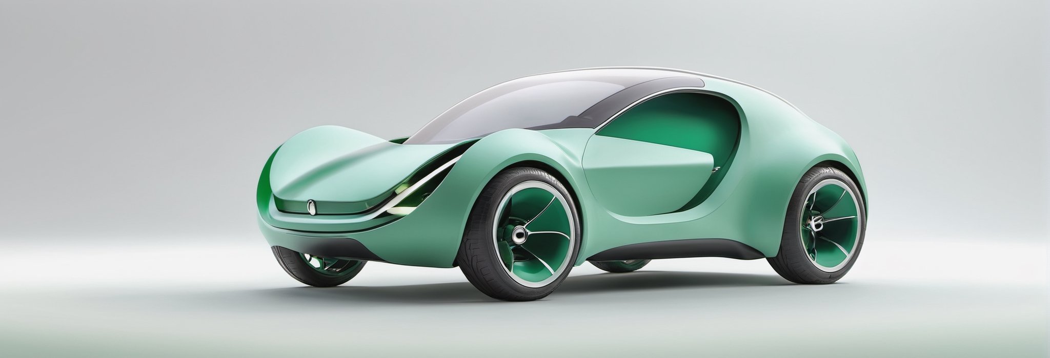 just 1 car, apple car concept, small size car, micro designed car, all verdigris green colored car, white ring tires, minimalistic, 3d style, adorable round design car, light grey background