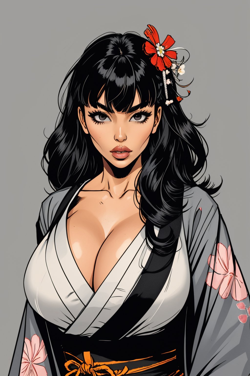 1girl, solo, long hair, looking at viewer, bangs, black hair, hair ornament, closed mouth, upper body, japanese clothes, hair flower, kimono, grey background, black eyes, lips, sash, realistic, ,Sexy Pose,