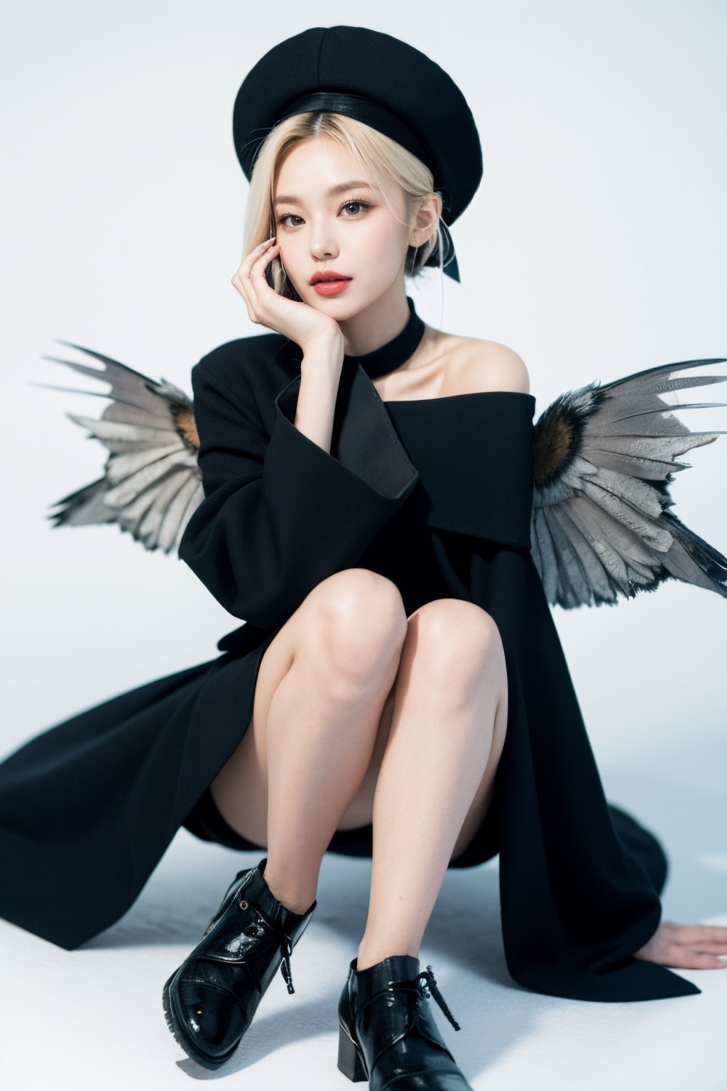 Uecla, 1girl in, Blonde hair, White background, hat, Dress, blue footwear, Wings, Simple background, signature, flower, nail polish, Wide sleeves, Long sleeves, blush, animal, white blossoms, Solo, Full body, Bird, Looking at Viewer, high-heels, hands on own cheeks, hand on own face, frilld, Bow, Bangs, bow ribbon, bell, blue headwear, +_+, sox, Short hair, grey  eyes, shoes, Blue Nails, Feathered wings, blue bow,ITZY Yeji