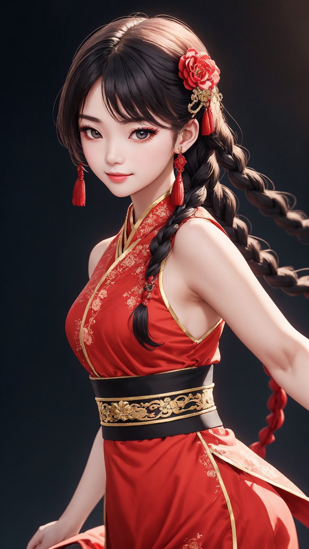 demon slayer Jiaying, two graceful braids, bright black eyes, sly smile
, wearing a red traditional oriental costume with a black bel, fit
, cute, mysterious
, dynamic pose
,  (shallow depth of field photography,  looking at viewer, simple background)