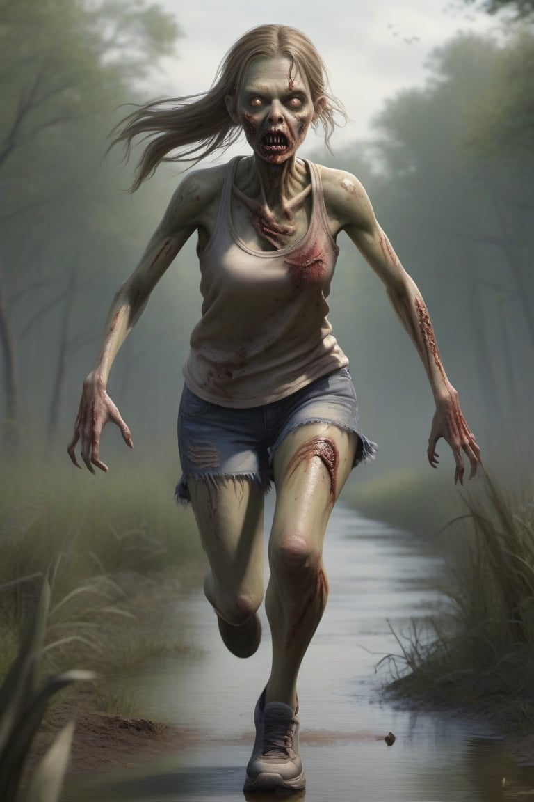 running girl dressing zombie, (master piece:1.4), (hyper quality:1.2), (Hyper Detailed:1.4), (Perfect drawing) ,nfsw, 3D, 16K, ((clear face)), (Hi-Res), (highway:1.2), (swamp monster:1.5), perfect beautiful girl, perfect photo