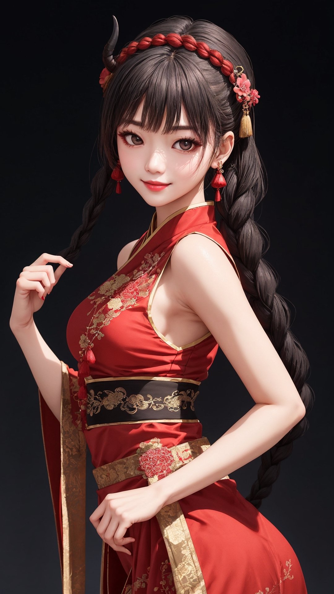 demon slayer Jiaying, two graceful braids, bright black eyes, sly smile
, wearing a red traditional oriental costume with a black bel, fit
, cute, mysterious
, dynamic pose
,  (shallow depth of field photography,  looking at viewer, simple background)