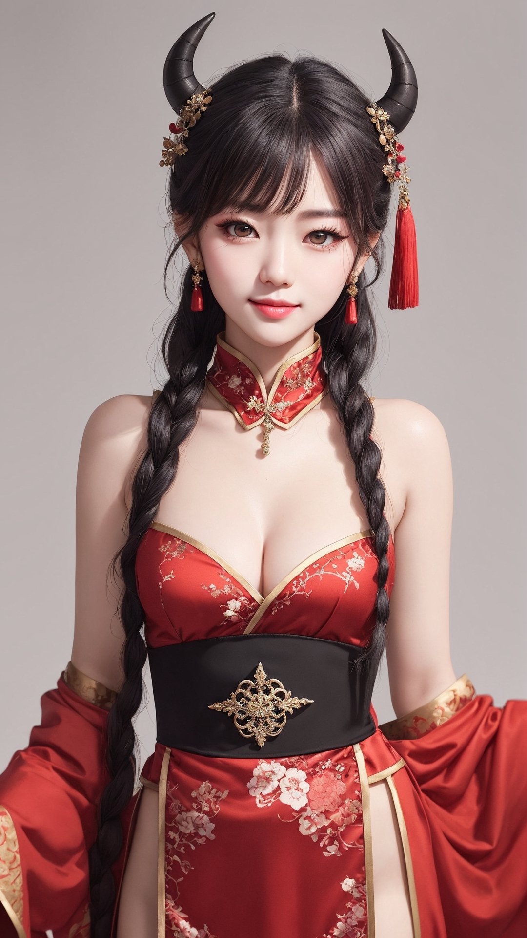 demon slayer Jiaying, two graceful braids, bright black eyes, sly smile
, wearing a red traditional oriental costume with a black bel
, cute, fit, mysterious
, dynamic pose
,  (shallow depth of field photography,  looking at viewer, simple background)