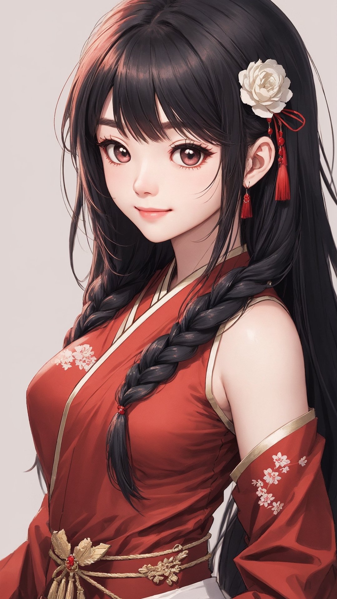 demon slayer Jiaying, two graceful braids, bright black eyes, sly smile
, wearing a red traditional oriental costume with a black bel, fit
, cute, mysterious
, dynamic pose
,  (shallow depth of field photography,  looking at viewer, simple background)