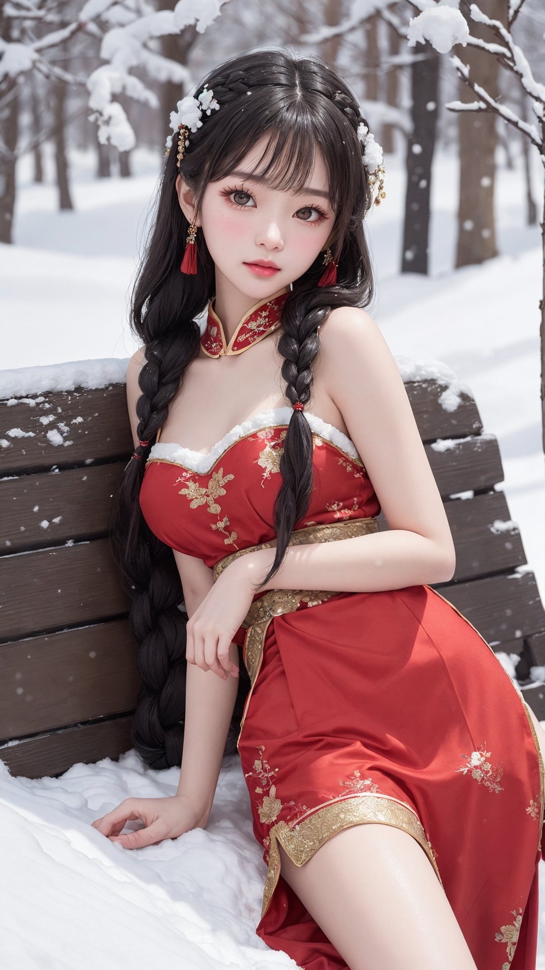 Jiaying, two graceful braids, bright black eyes, wearing a red traditional oriental costume with a black bel, fit
, cute, mysterious
, lying on back, looking at viewer
, (shallow depth of field photography, snow background)
, (perfect fingers:1.1)
