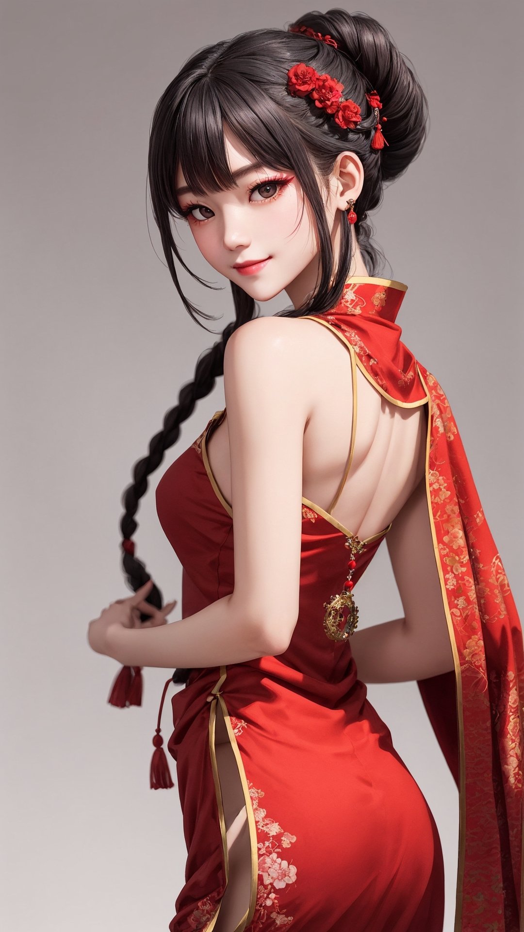 demon slayer Jiaying, two graceful braids, bright black eyes, sly smile
, wearing a red traditional oriental costume with a black bel, fit
, cute, mysterious
, dynamic pose
,  (shallow depth of field photography,  looking at viewer, simple background)