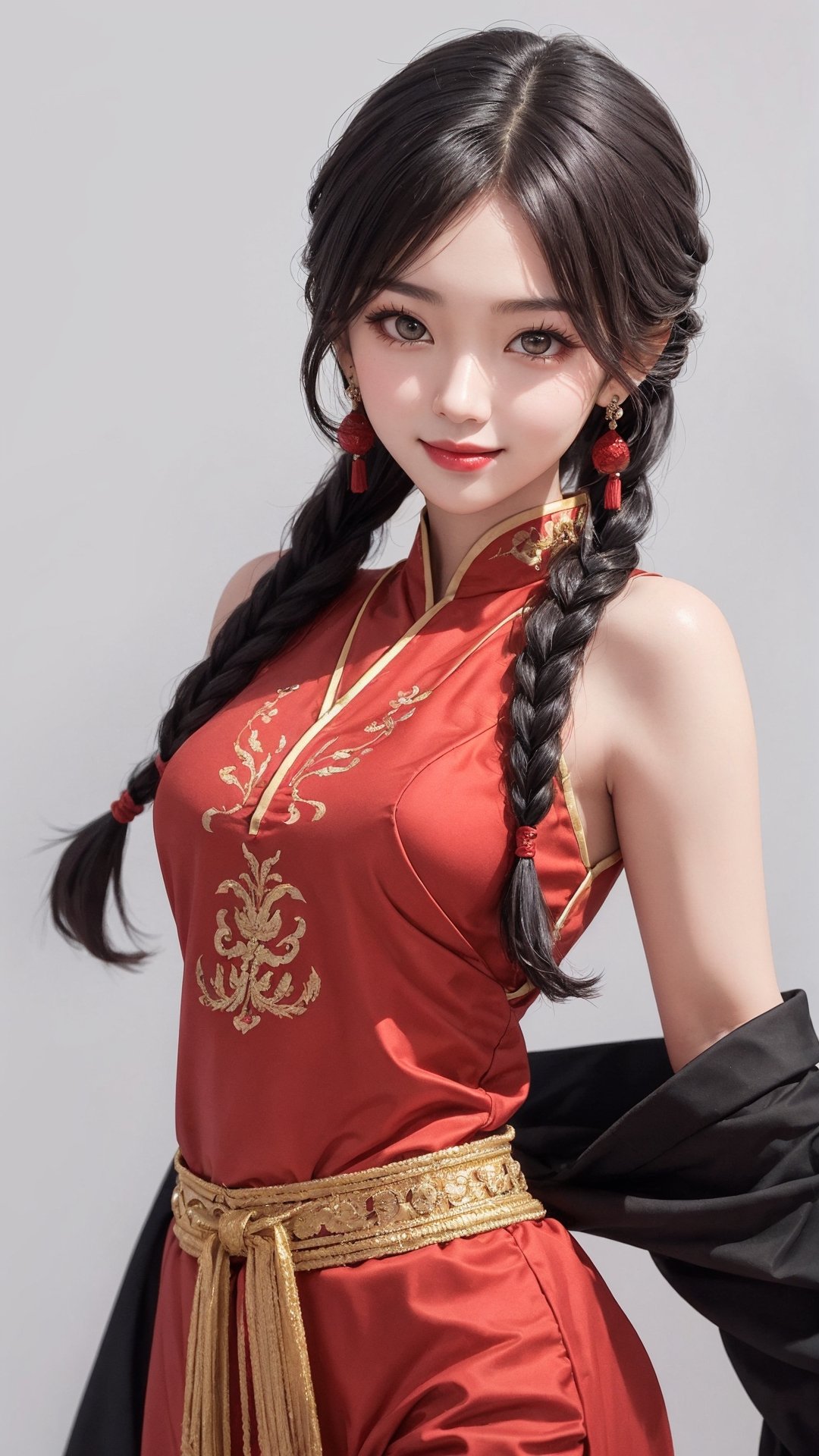 demon slayer Jiaying, two graceful braids, bright black eyes, sly smile
, wearing a red traditional oriental costume with a black bel, fit
, cute, mysterious
, dynamic pose
,  (shallow depth of field photography,  looking at viewer, simple background)